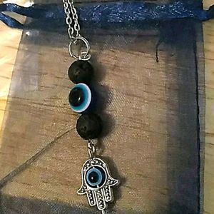 Hamza evil eye pendent w lava beads necklace + protection stone